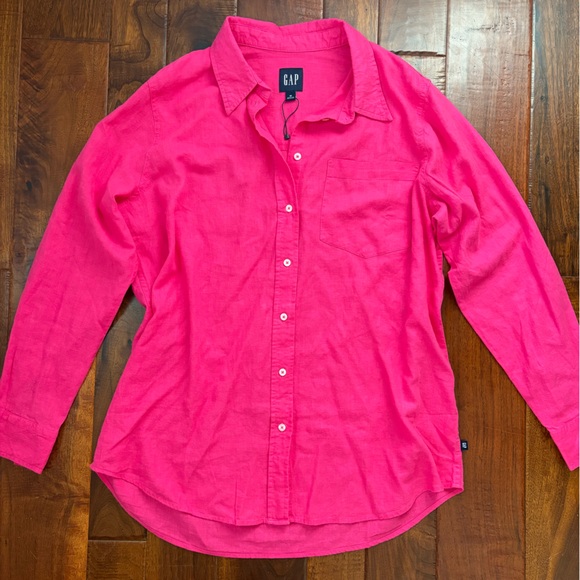 NEW GAP Fuchsia Long Sleeve Linen Shirt - Picture 2 of 4